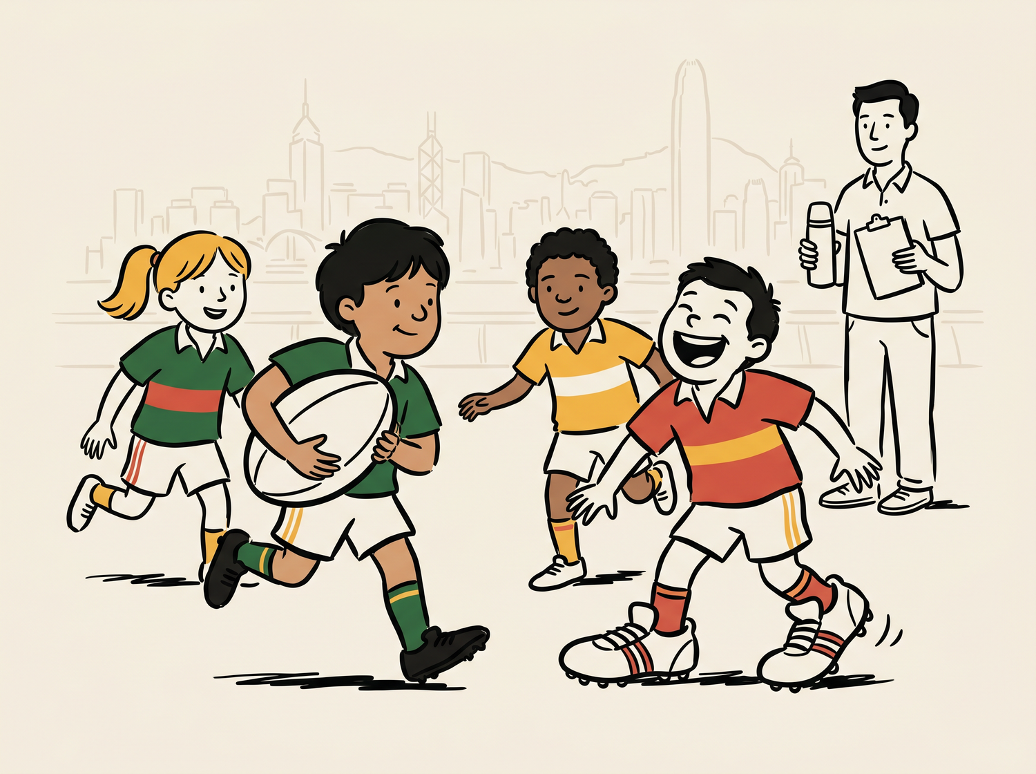 Illustration: a Hong Kong mini rugby Sunday morning — kids in green and yellow shirts playing across an iconic HK pitch with city skyline behind.